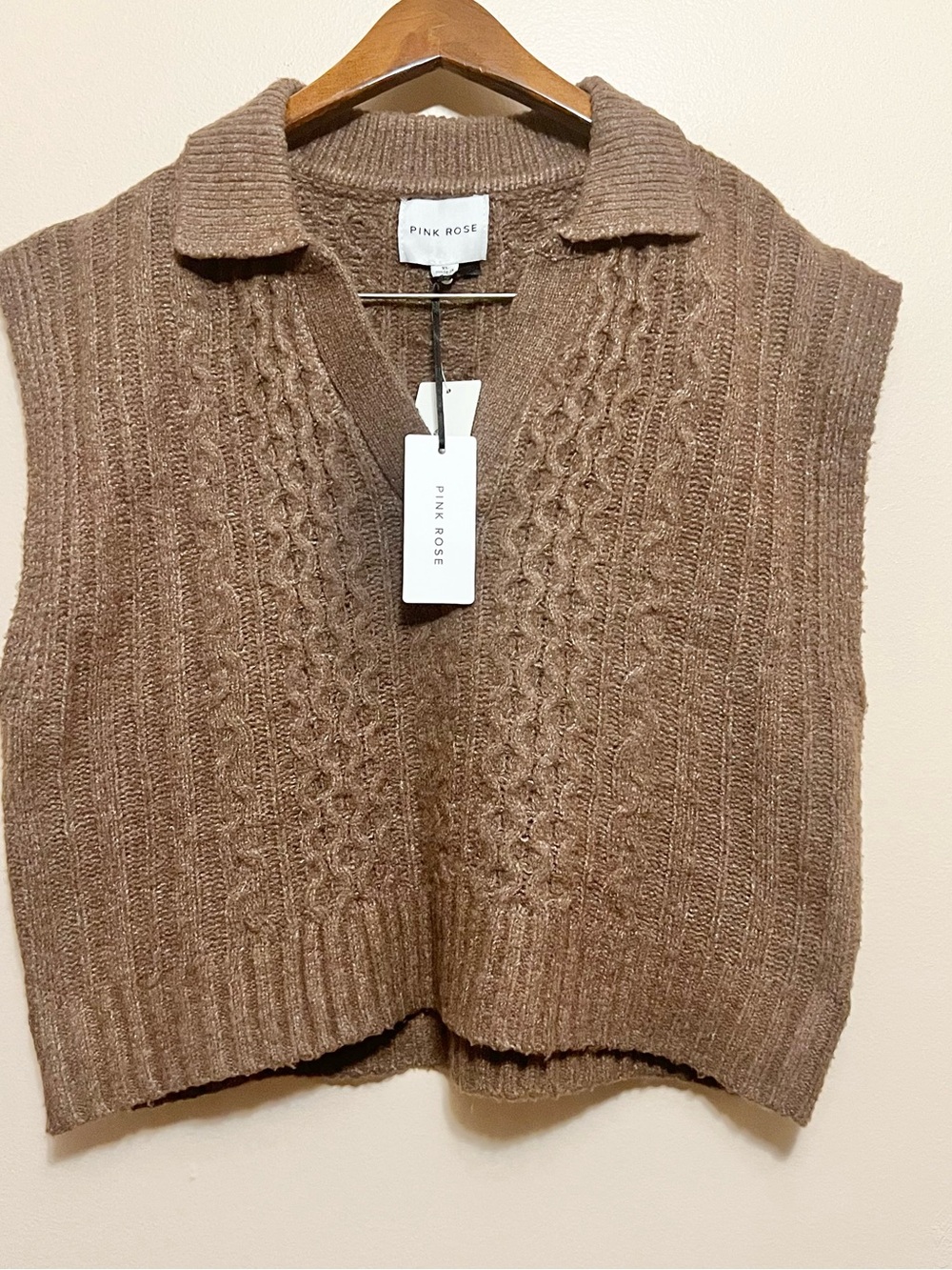 Pink Rose Taupe Cable Knit V-Neck Collared Sweater Vest